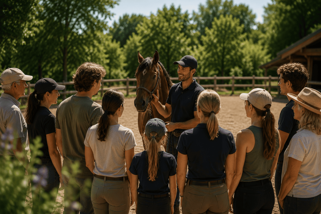 Participants réunis autour d'un cheval lors d'un événement équestre à Strasbourg animé par Equi-Débourrage.